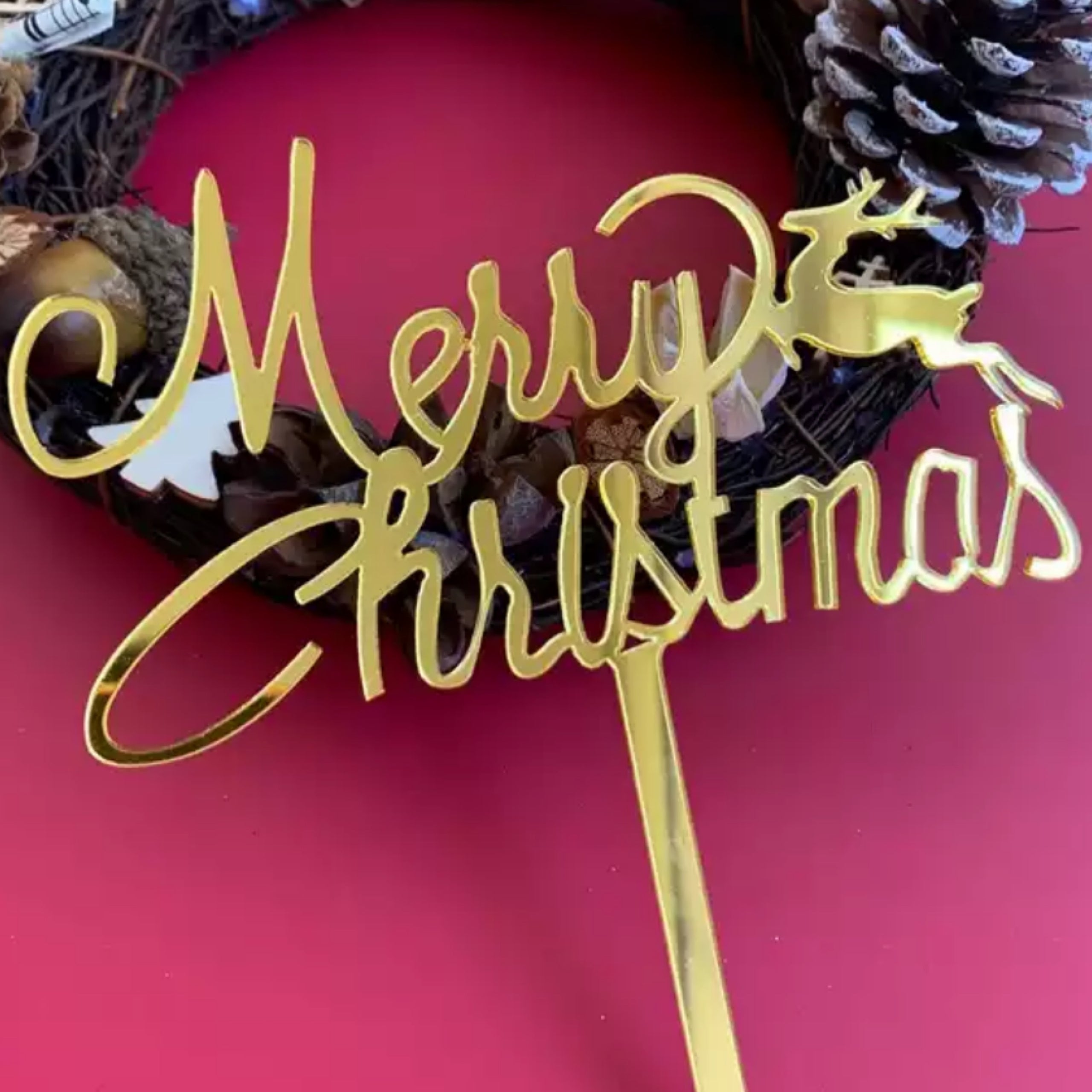 Merry Christmas Gold Reindeer Acrylic Topper | Gippsland Cake Co.
